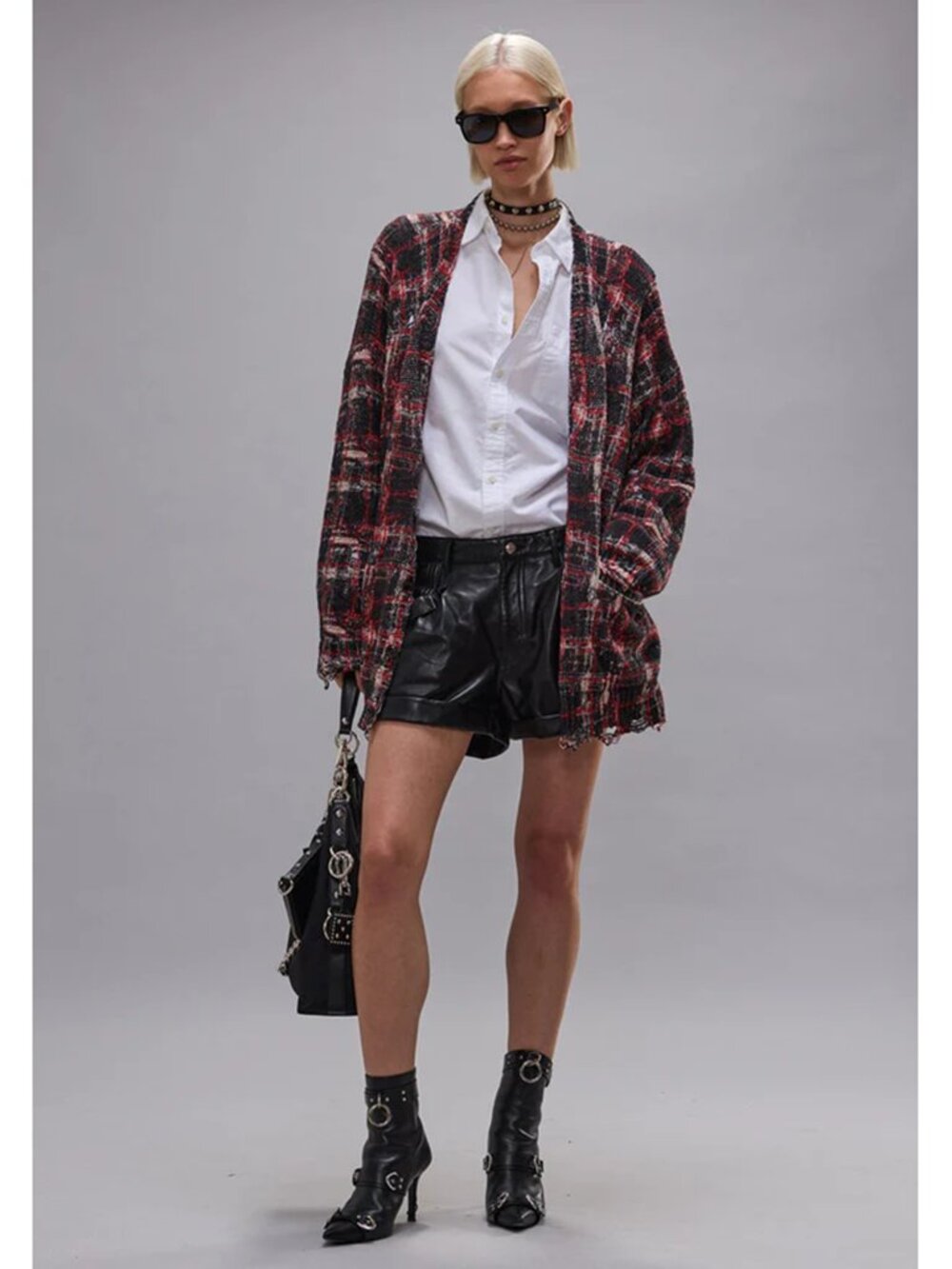 R13 Black Red Linen Cotton Printed Oversized Distressed Loose Knit Cardigan M